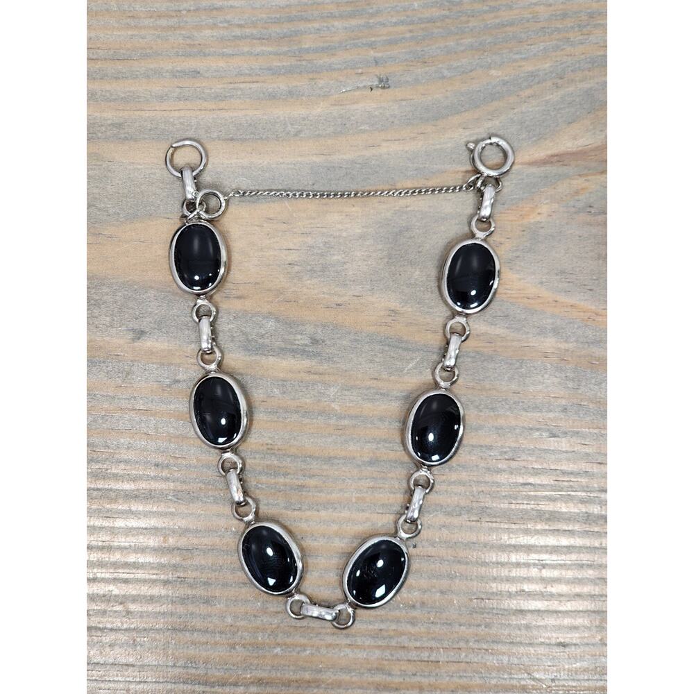 Silver Tone Faux Black Onyx Glass Oval Gemstone Bracelet